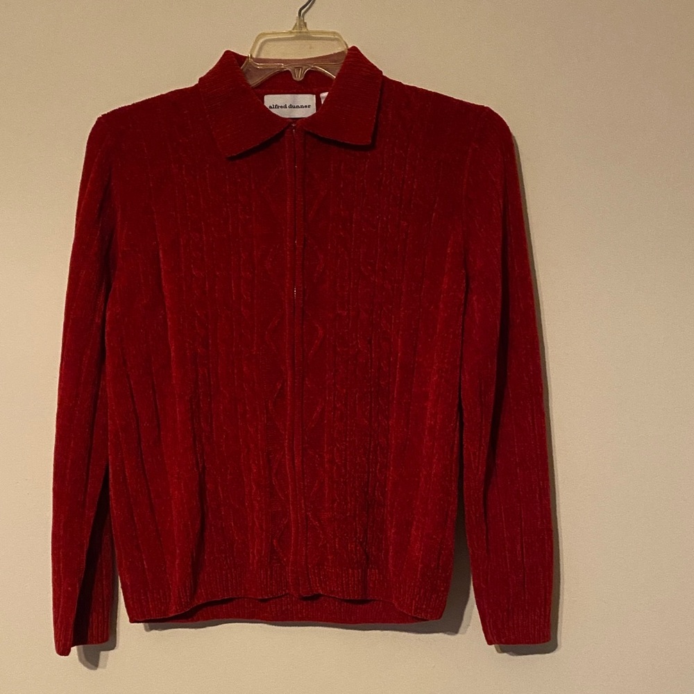 Alfred Dunner Red Chenille Zip front Cardigan Sweater